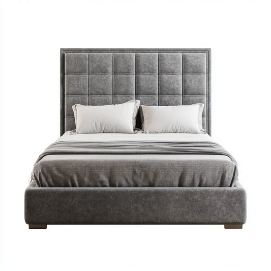 Lit double gris 160 x 200 cm en microfibre polyester avec tête de lit capitonnée rectangulaire