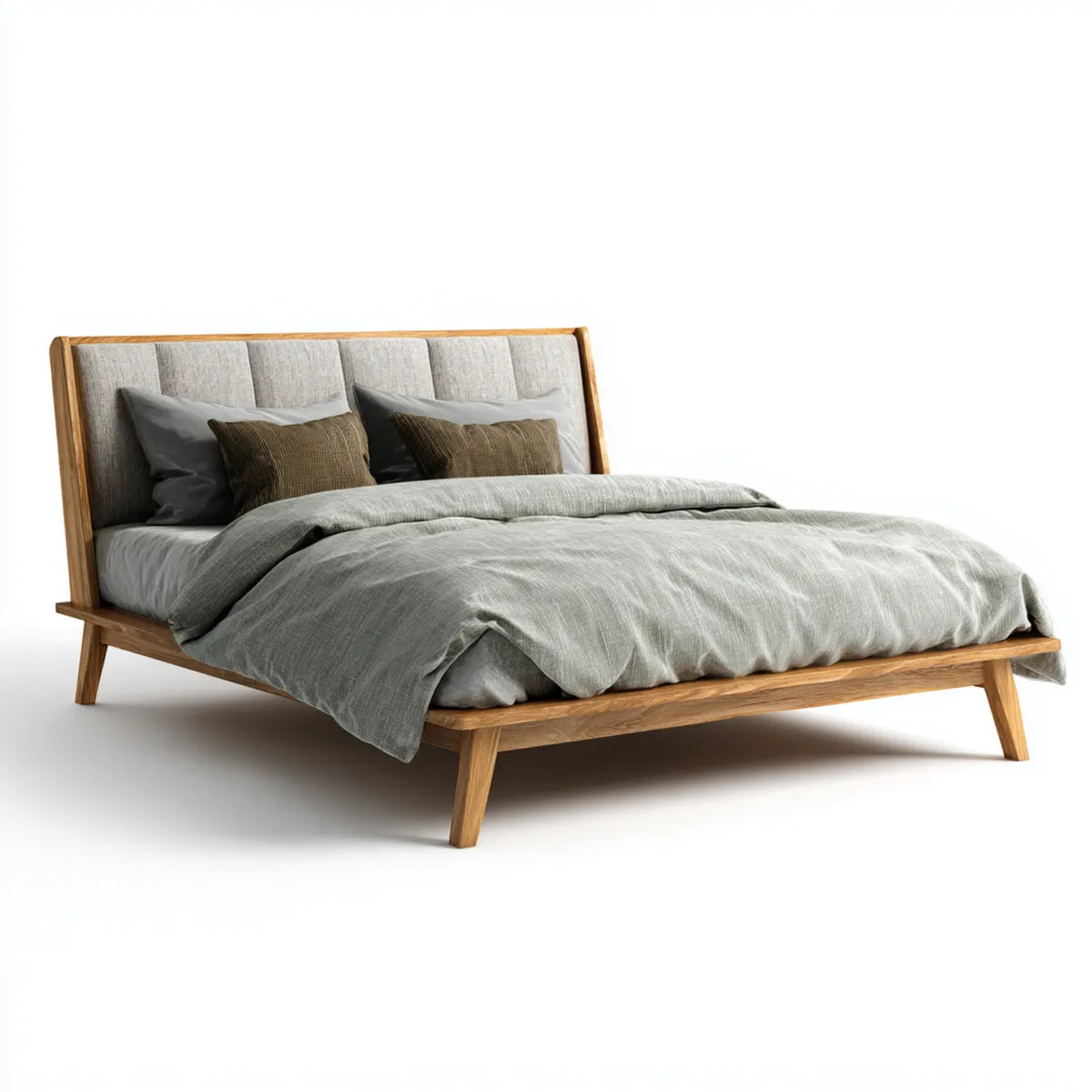 Lit double 160 x 200 cm en chêne massif naturel avec tête de lit capitonnée grise