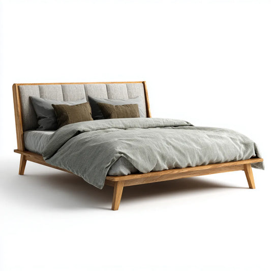 Lit double 160 x 200 cm en chêne massif naturel avec tête de lit capitonnée grise