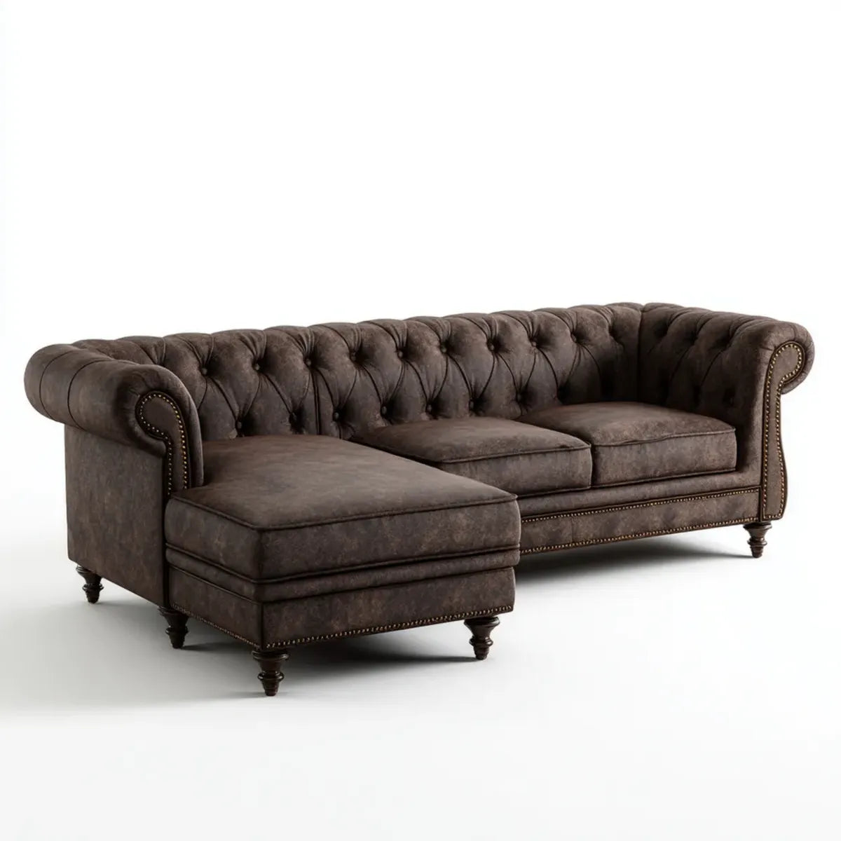 Canapé Chesterfield 3 places avec méridienne gauche marron en polyuréthane 285 x 165 x 78 cm