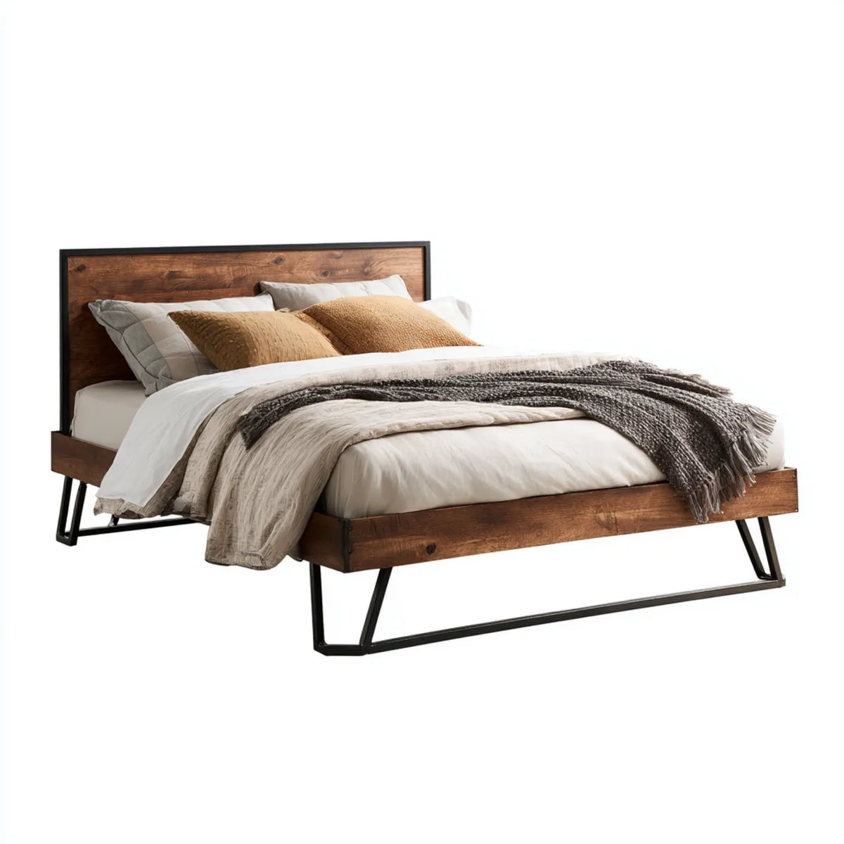 Lit double 160 x 200 cm marron en pin massif et acier forme rectangulaire