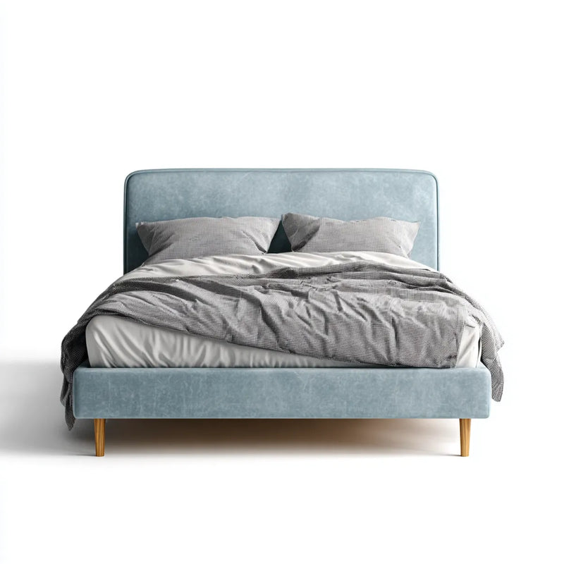 Lit double rembourré bleu gris 160 x 200 cm en velours polyester rectangulaire