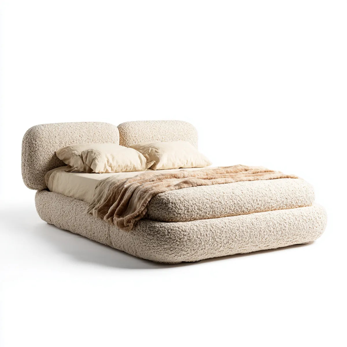 Lit double rembourré beige 160 x 200 cm en polyester bouclette forme arrondie