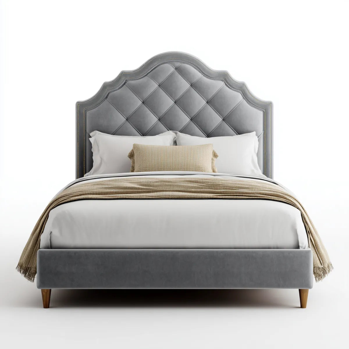 Lit double capitonné gris 160 x 200 cm en velours polyester avec tête de lit arche