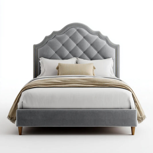 Lit double capitonné gris 160 x 200 cm en velours polyester avec tête de lit arche